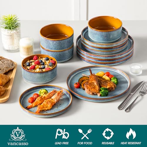 vancasso ONION Ceramic Dinnerware Sets, 12 Pieces Stoneware Plates and Bowls Sets for 4, Reactive Glaze Dishes Set for Kitchen, Dishwasher and...