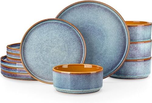 vancasso ONION Ceramic Dinnerware Sets, 12 Pieces Stoneware Plates and Bowls Sets for 4, Reactive Glaze Dishes Set for Kitchen, Dishwasher and...